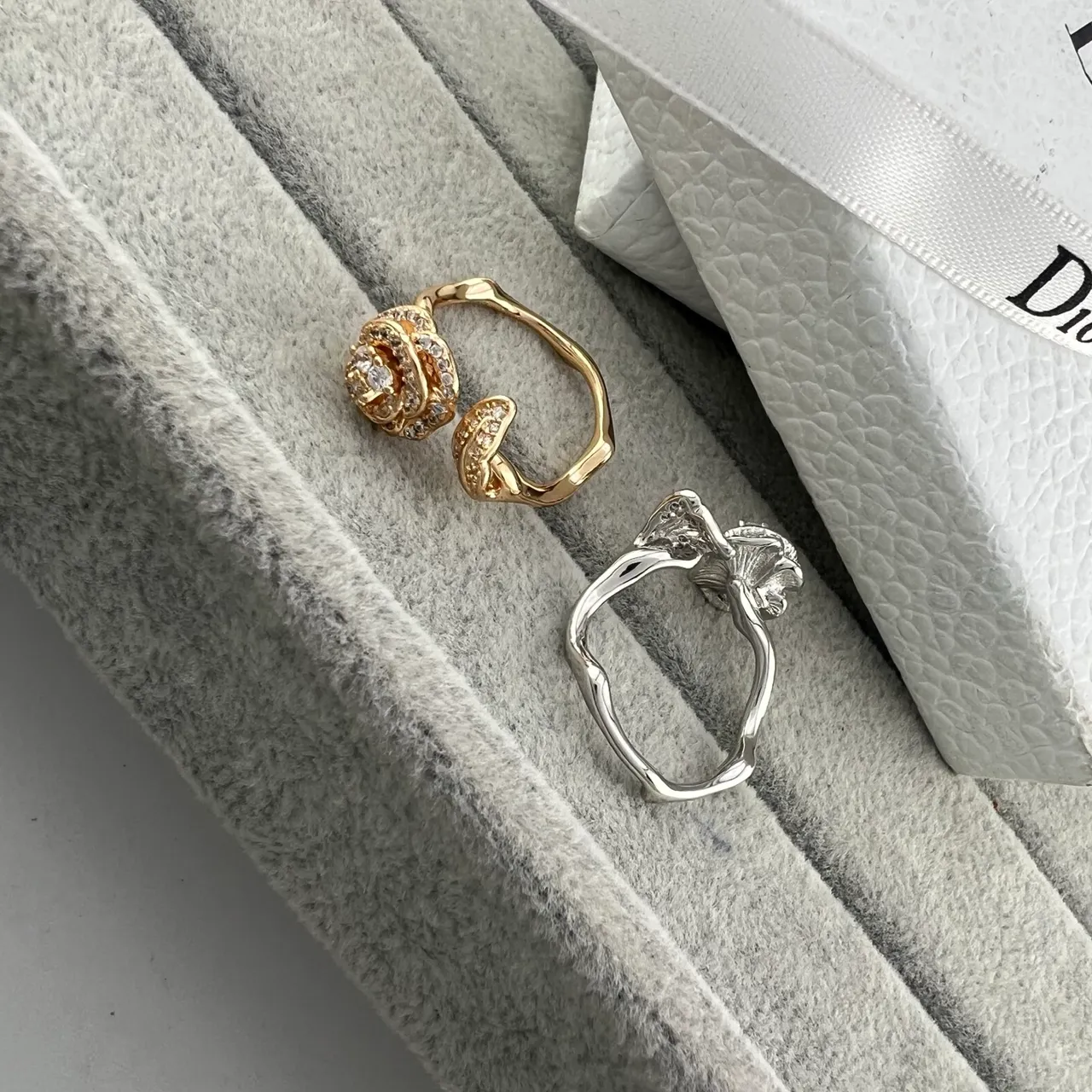 Dior Floral Pavé Ring Gold Silver Motif Crystal Setting Ring 5