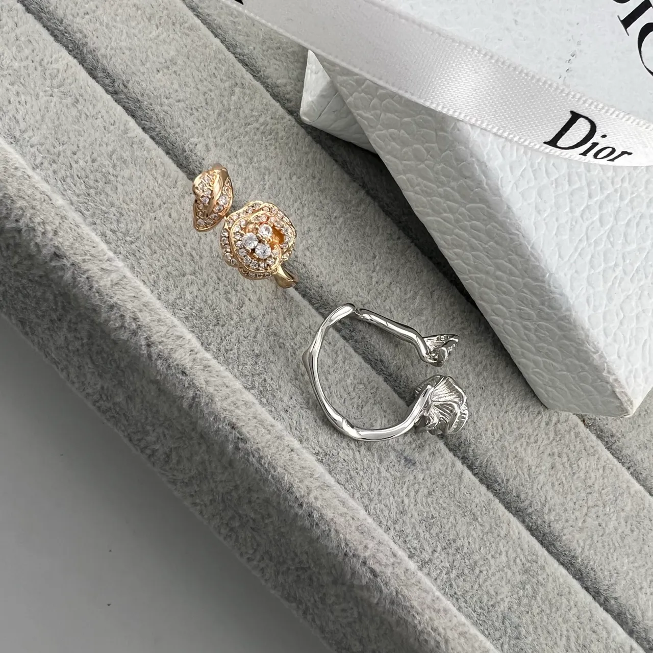 Dior Floral Pavé Ring Gold Silver Motif Crystal Setting Ring 6