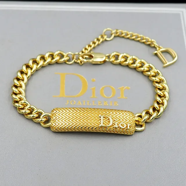 Dior Gold Curb Chain Textured Rectangular Bar Bracelet 2