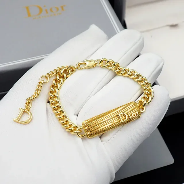 Dior Gold Curb Chain Textured Rectangular Bar Bracelet 7