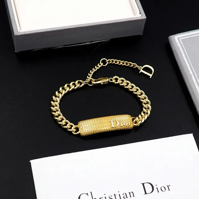 Dior Gold Curb Chain Textured Rectangular Bar Bracelet 8