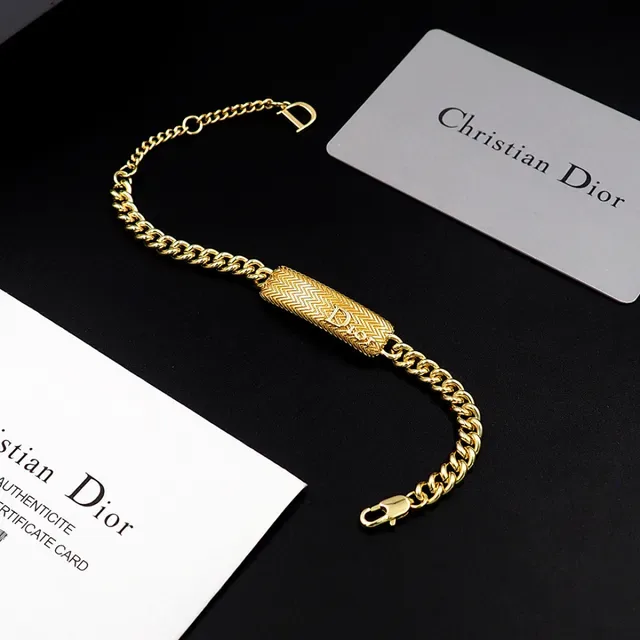 Dior Gold Curb Chain Textured Rectangular Bar Bracelet 11