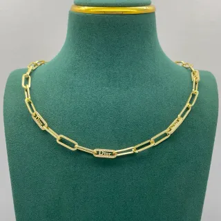 Dior Gold Paperclip Chain Diamond-Paved Branded Links Necklace