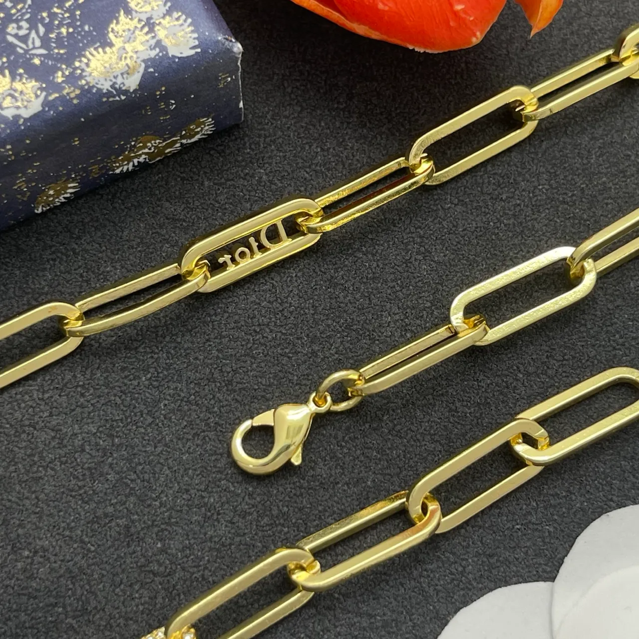 Dior Gold Paperclip Chain Diamond-Paved Branded Links Necklace 3