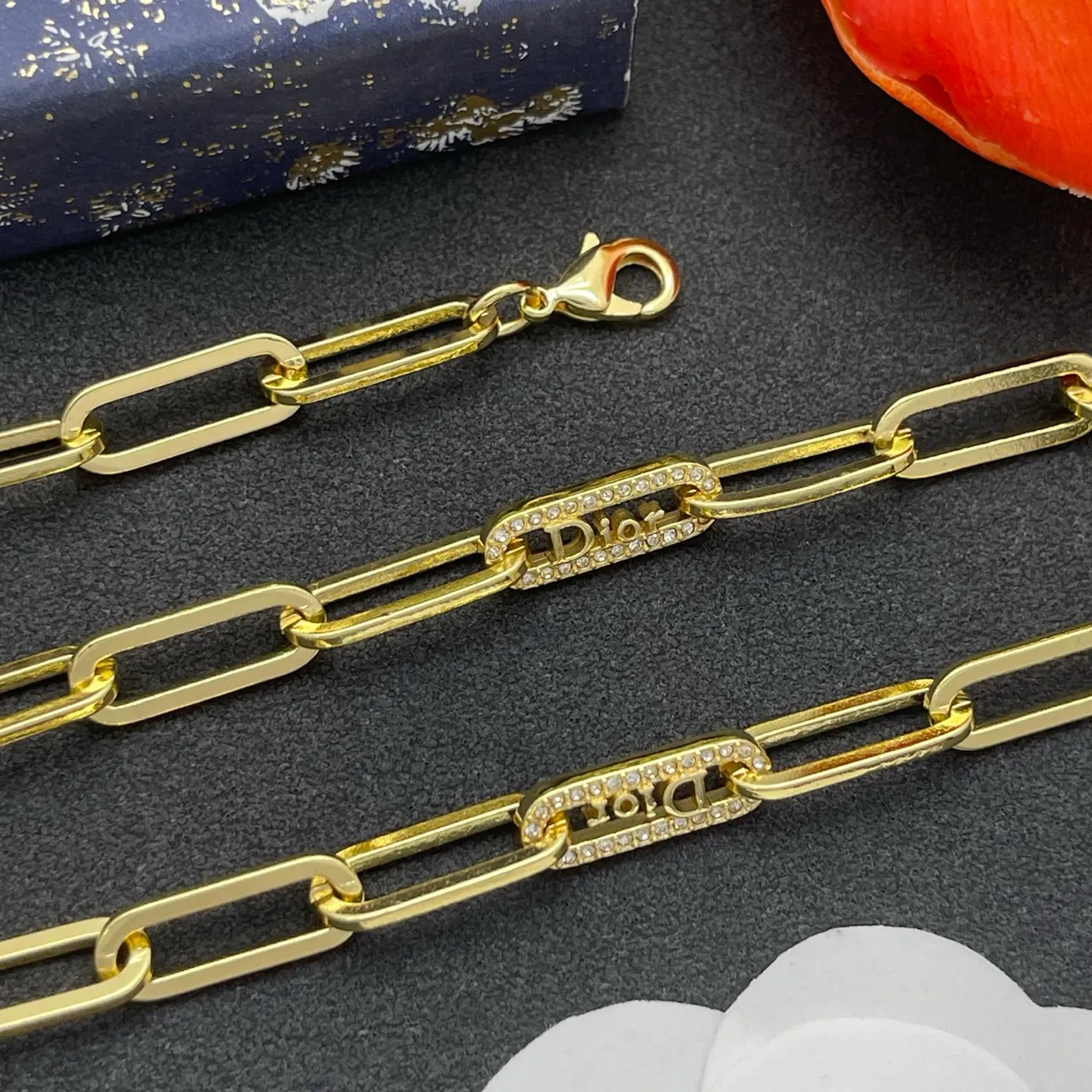 Dior Gold Paperclip Chain Diamond-Paved Branded Links Necklace 4