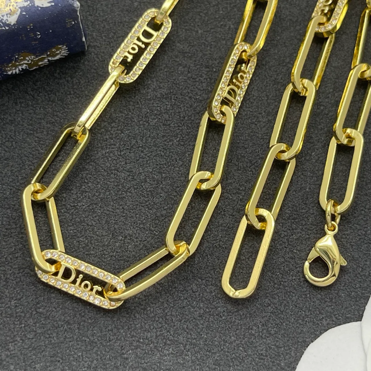 Dior Gold Paperclip Chain Diamond-Paved Branded Links Necklace 5