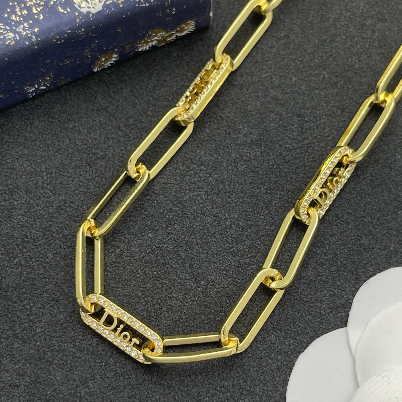 Dior Gold Paperclip Chain Diamond-Paved Branded Links Necklace 6