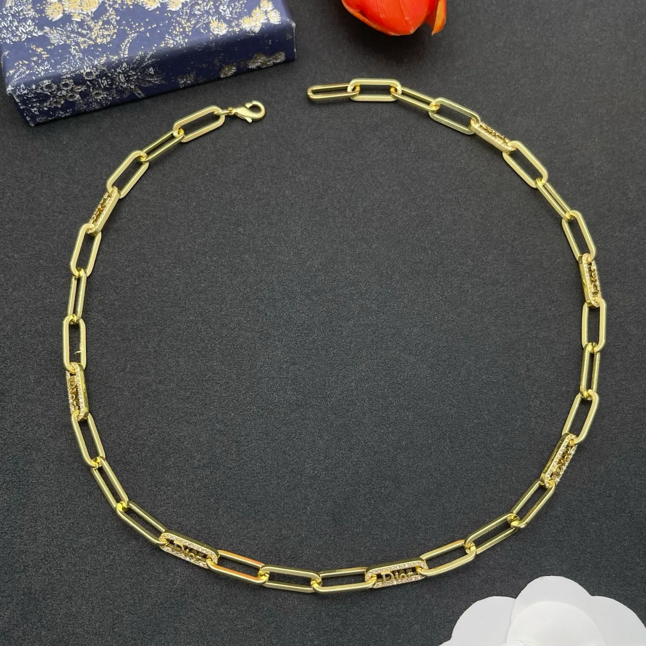 Dior Gold Paperclip Chain Diamond-Paved Branded Links Necklace 8