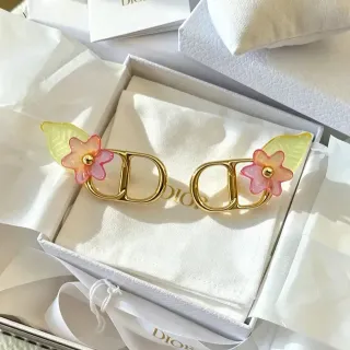 Dior Gold Pink CD Logo Frame Translucent Resin Flowers Earrings