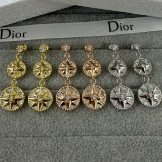 Dior Gold Silver Double-Tiered Compass-Star Motif Mother-of-Pearl Inlay Earrings