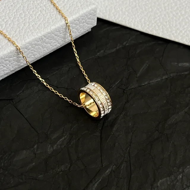 Dior Gold White Chain Stacked Ring Pendant Necklace 4