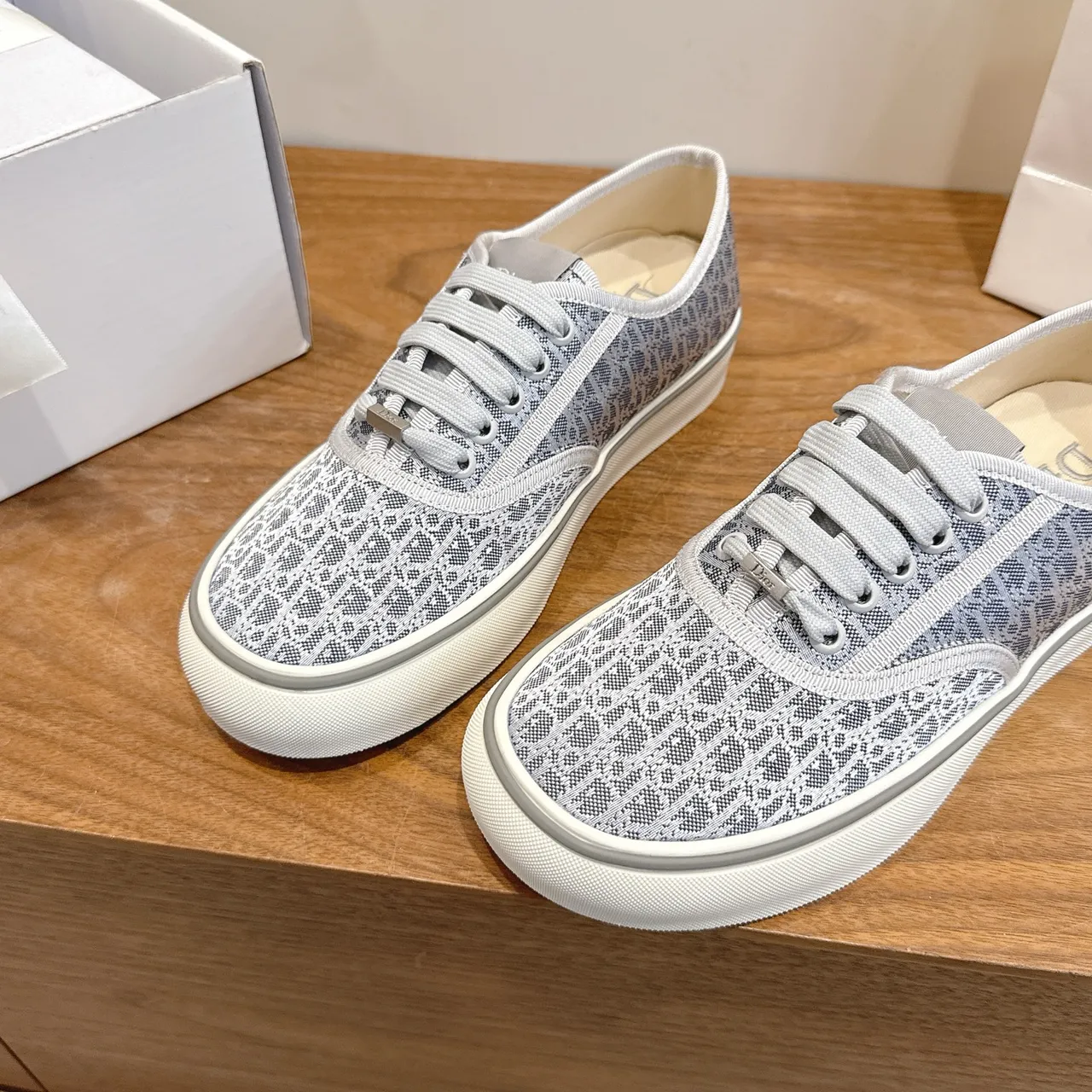 Dior Gray White Monogrammed Canvas Upper Low-Top Vulcanized Silhouette Lifestyle Sneakers 4