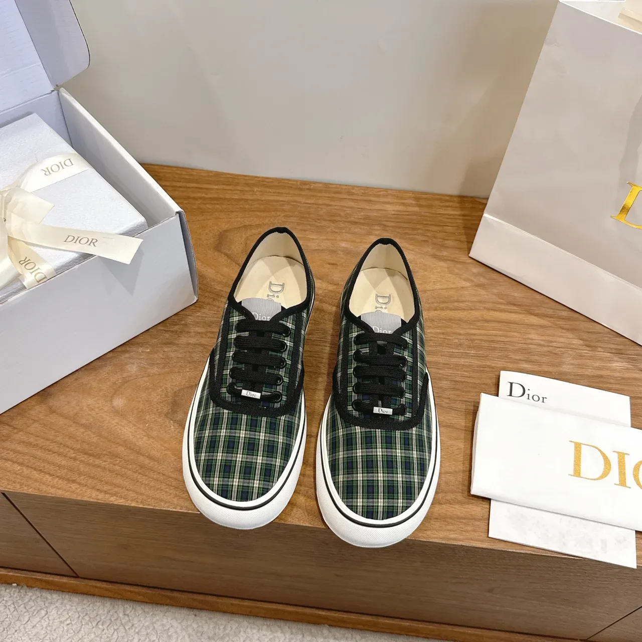 Dior Green Black Plaid Textile Upper Piping Trim Sneakers 5