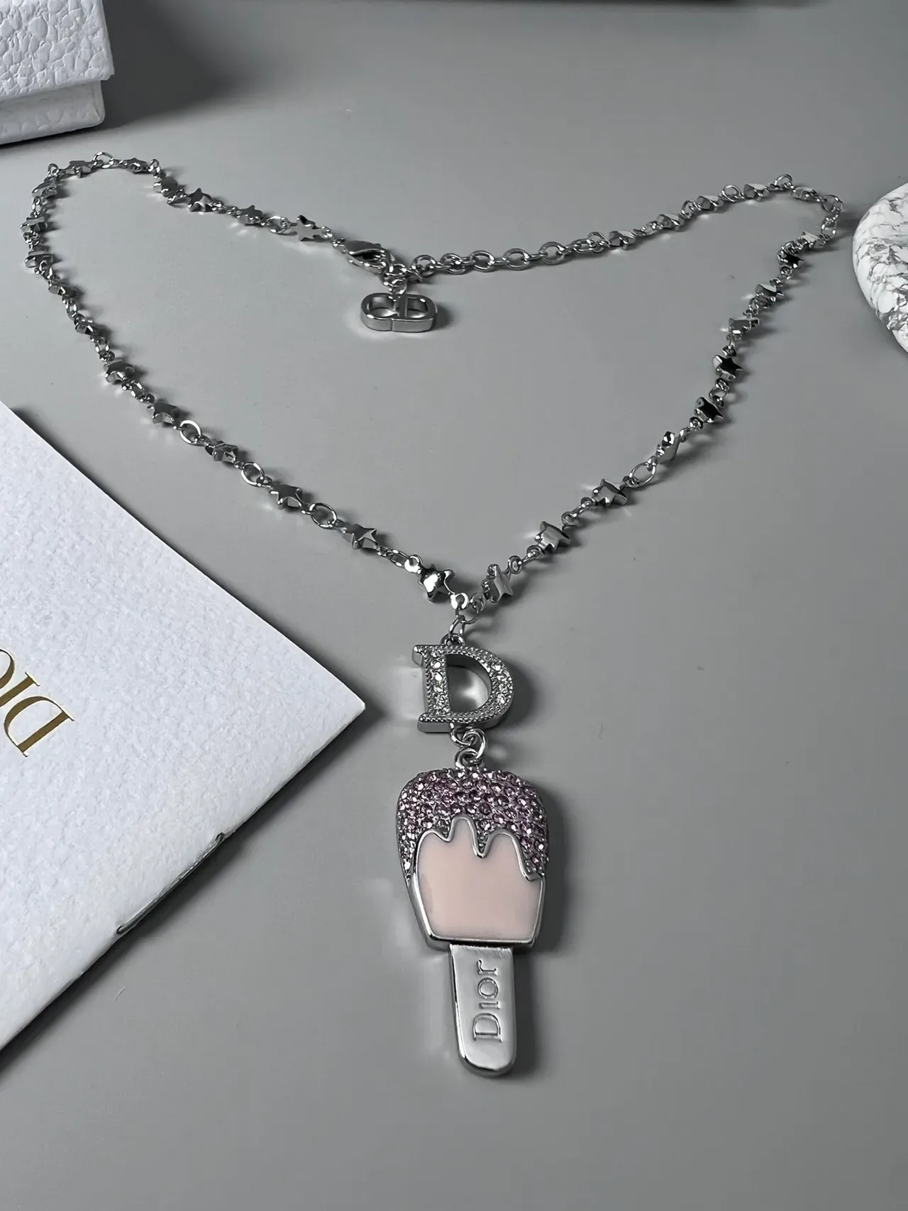 Dior Ice Cream Pop Silver Pink Star-Link Chain Pavé-Crystal Pendant Necklace 2