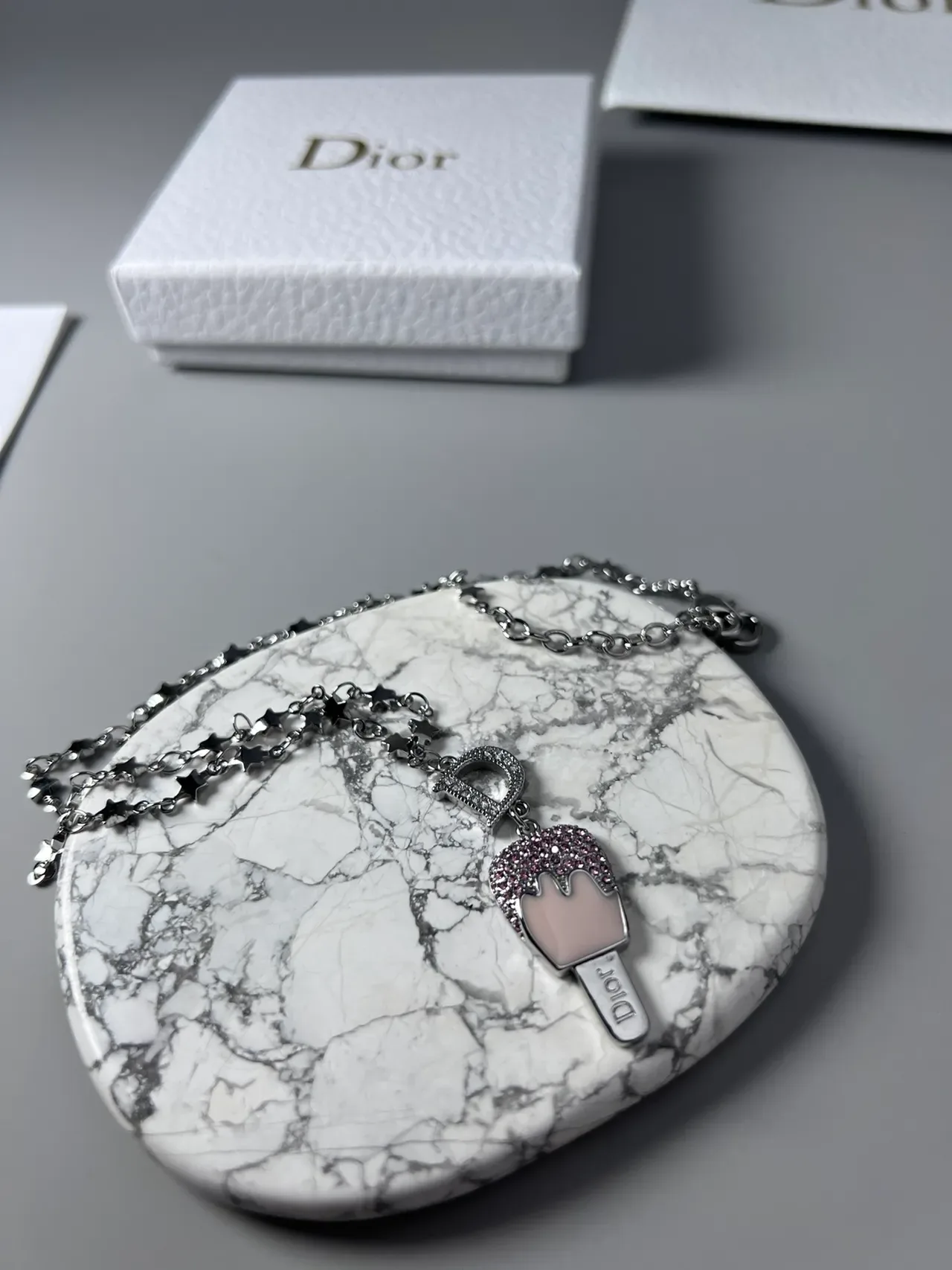 Dior Ice Cream Pop Silver Pink Star-Link Chain Pavé-Crystal Pendant Necklace 3