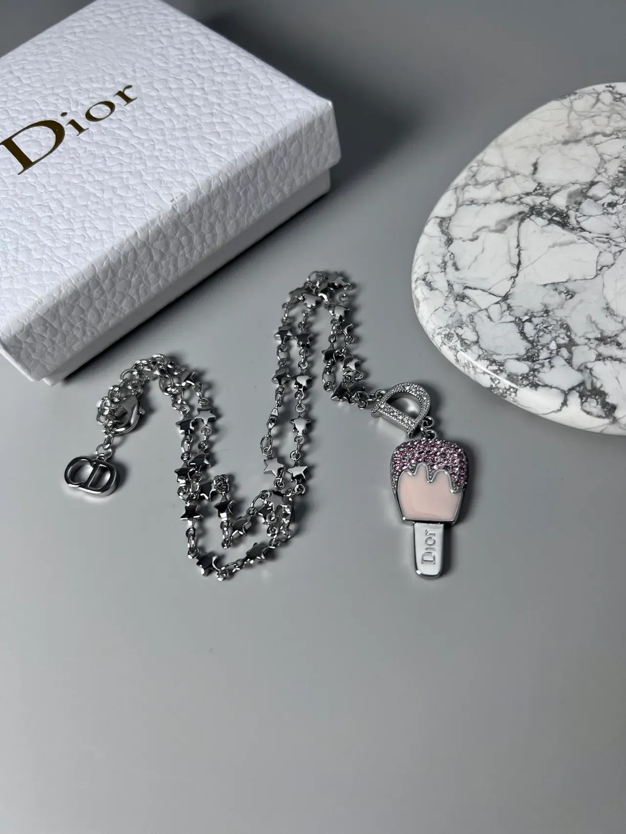Dior Ice Cream Pop Silver Pink Star-Link Chain Pavé-Crystal Pendant Necklace 4