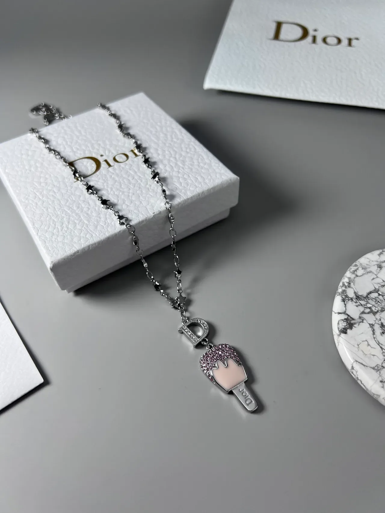 Dior Ice Cream Pop Silver Pink Star-Link Chain Pavé-Crystal Pendant Necklace 5