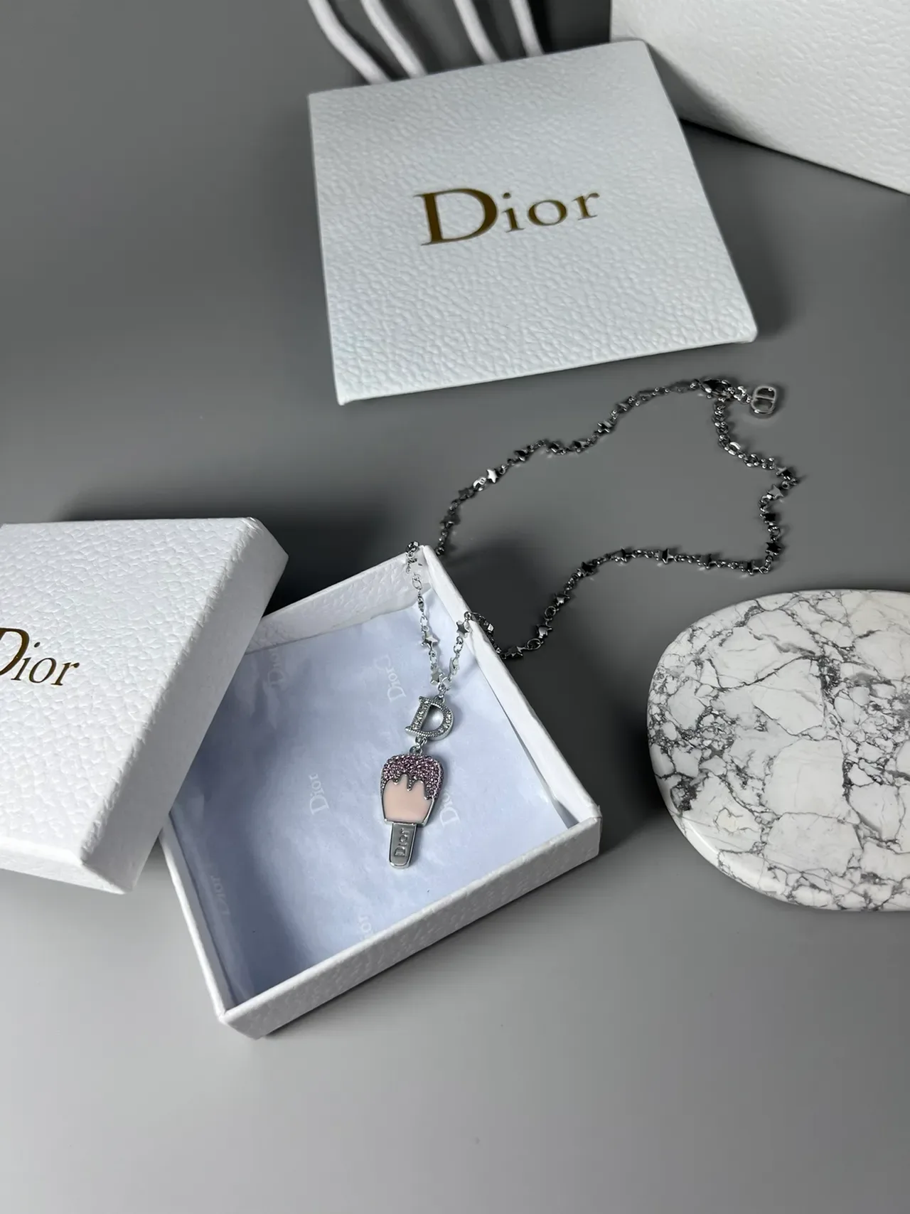 Dior Ice Cream Pop Silver Pink Star-Link Chain Pavé-Crystal Pendant Necklace 6
