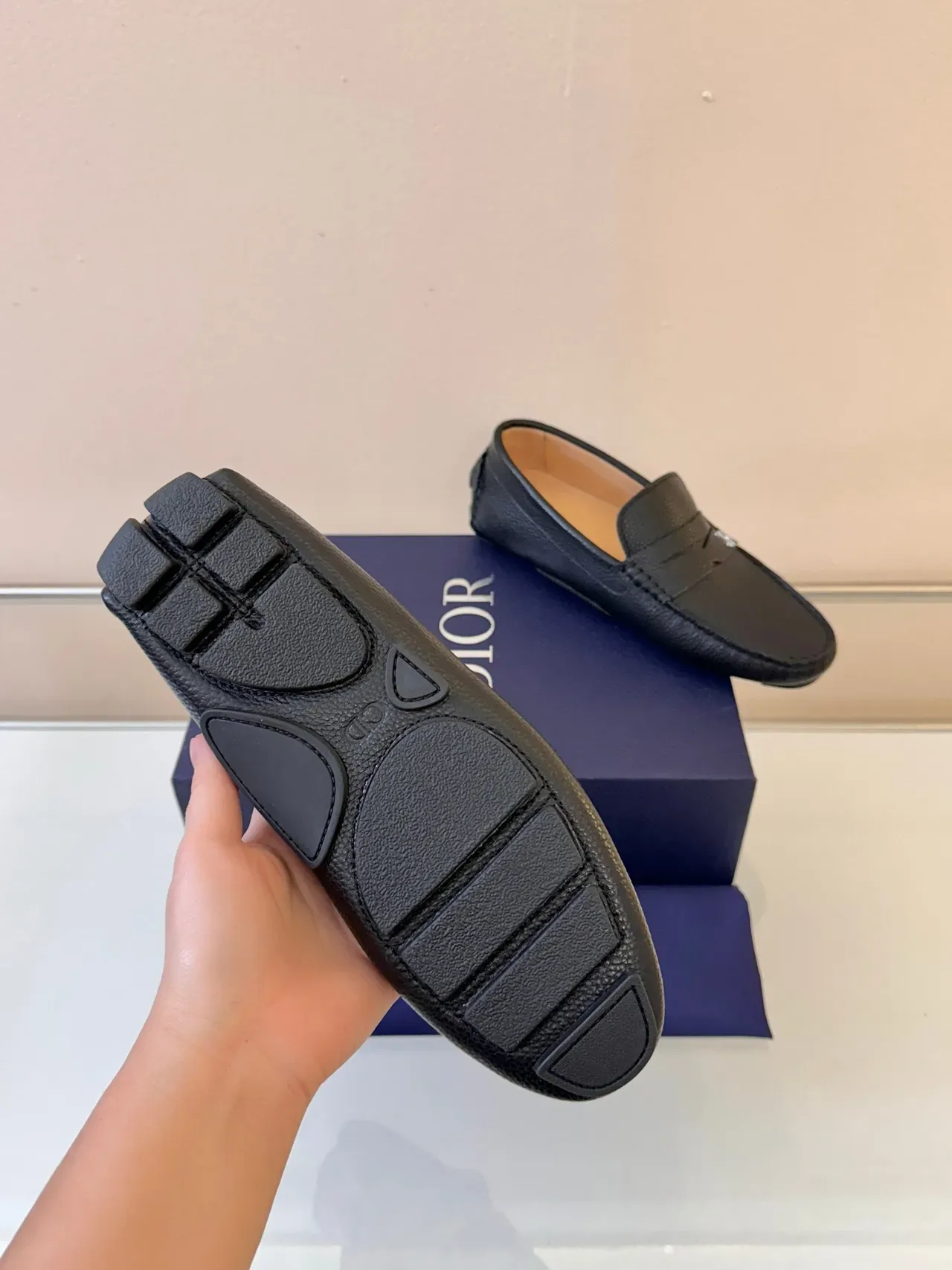 Dior Loafer Black Beige Pebbled Leather Moc-Toe Stitching Loafer 5
