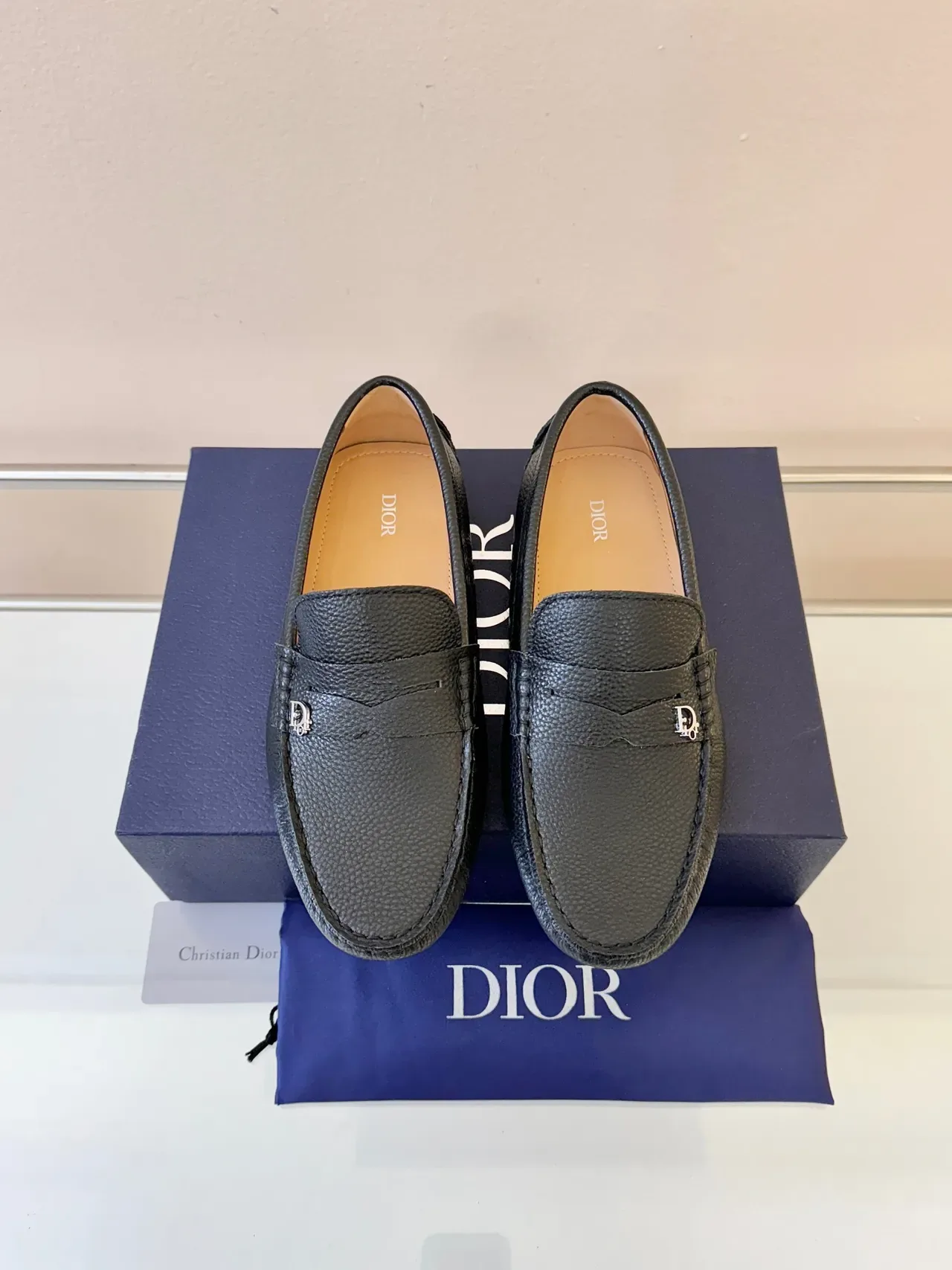 Dior Loafer Black Beige Pebbled Leather Moc-Toe Stitching Loafer 6