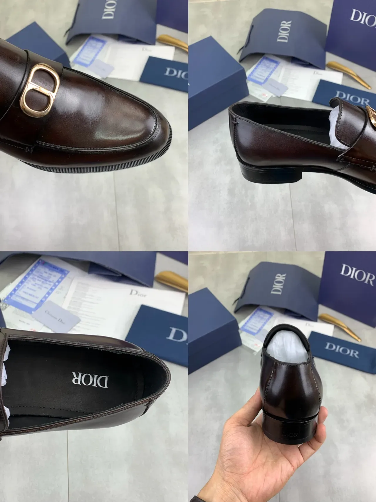 Dior Loafer Polished Brown Leather Gold D-Buckle Men's Loafers 3