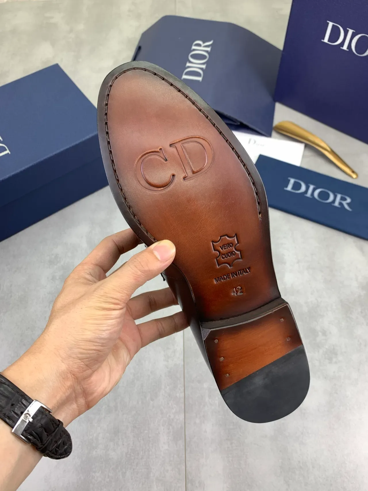 Dior Loafer Polished Brown Leather Gold D-Buckle Men's Loafers 4