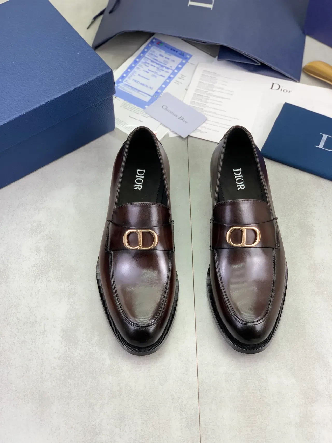Dior Loafer Polished Brown Leather Gold D-Buckle Men's Loafers 5