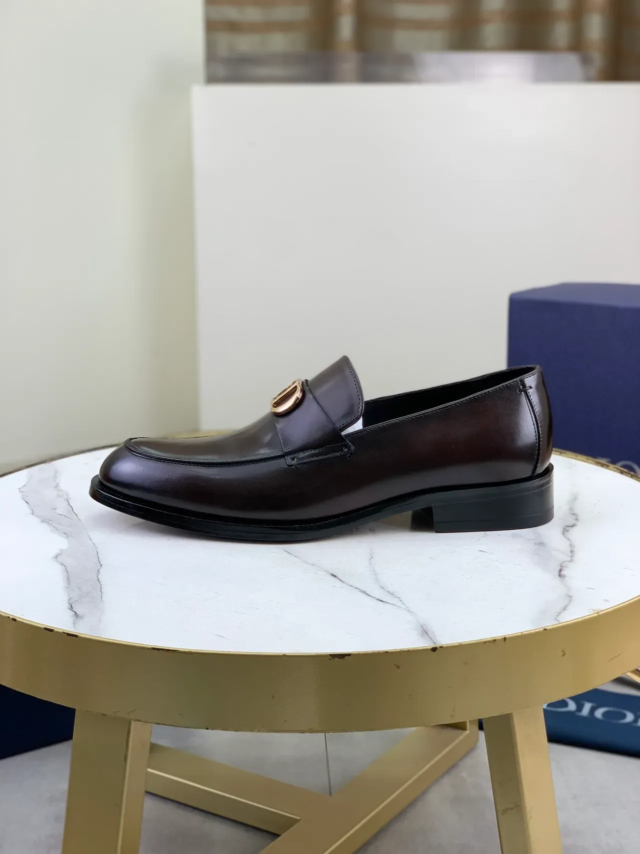 Dior Loafer Polished Brown Leather Gold D-Buckle Men's Loafers 6
