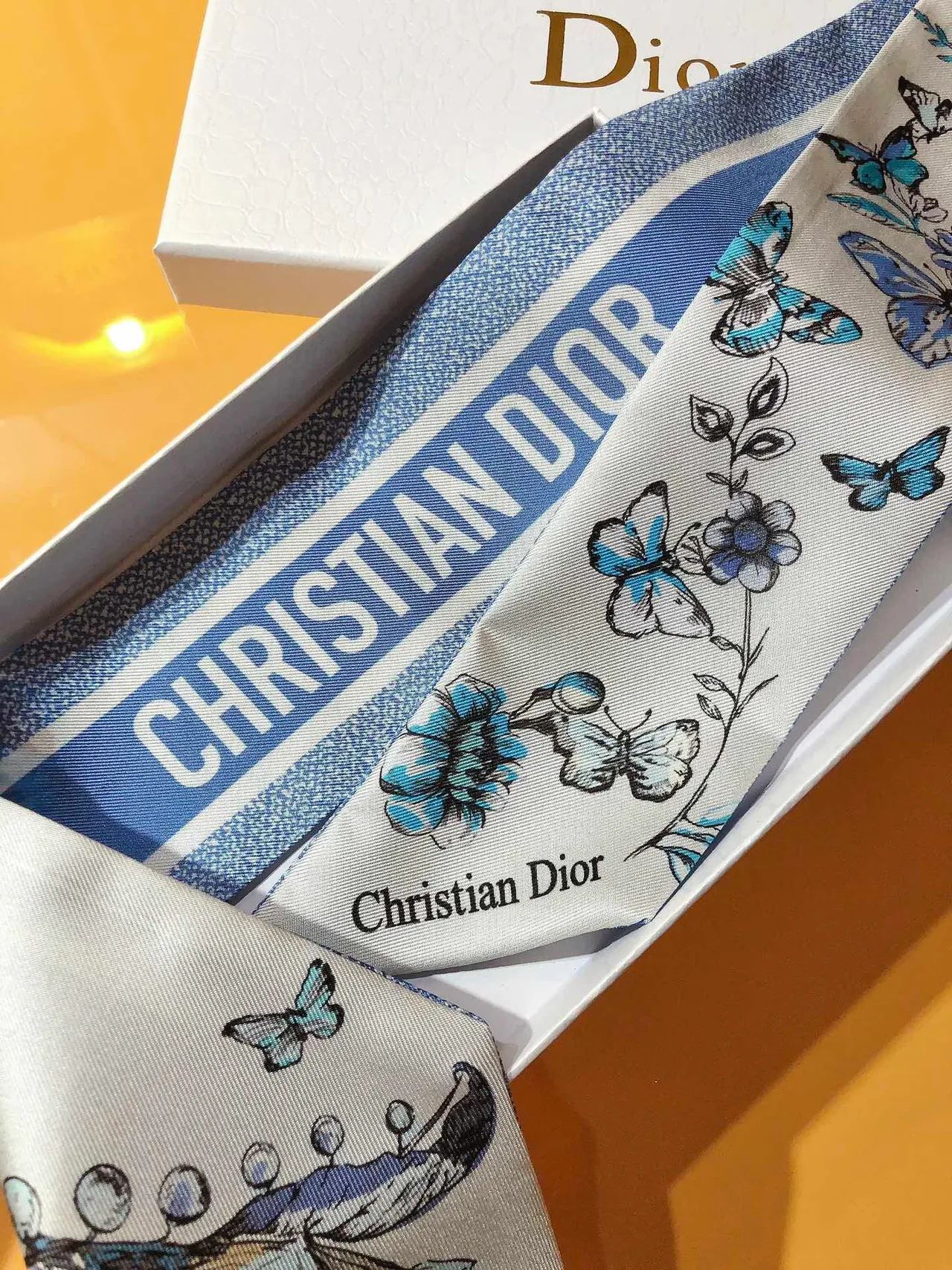 Dior Mitzaḥ écharpe de soie blanche bleue étroite aux extrémités tapered 5