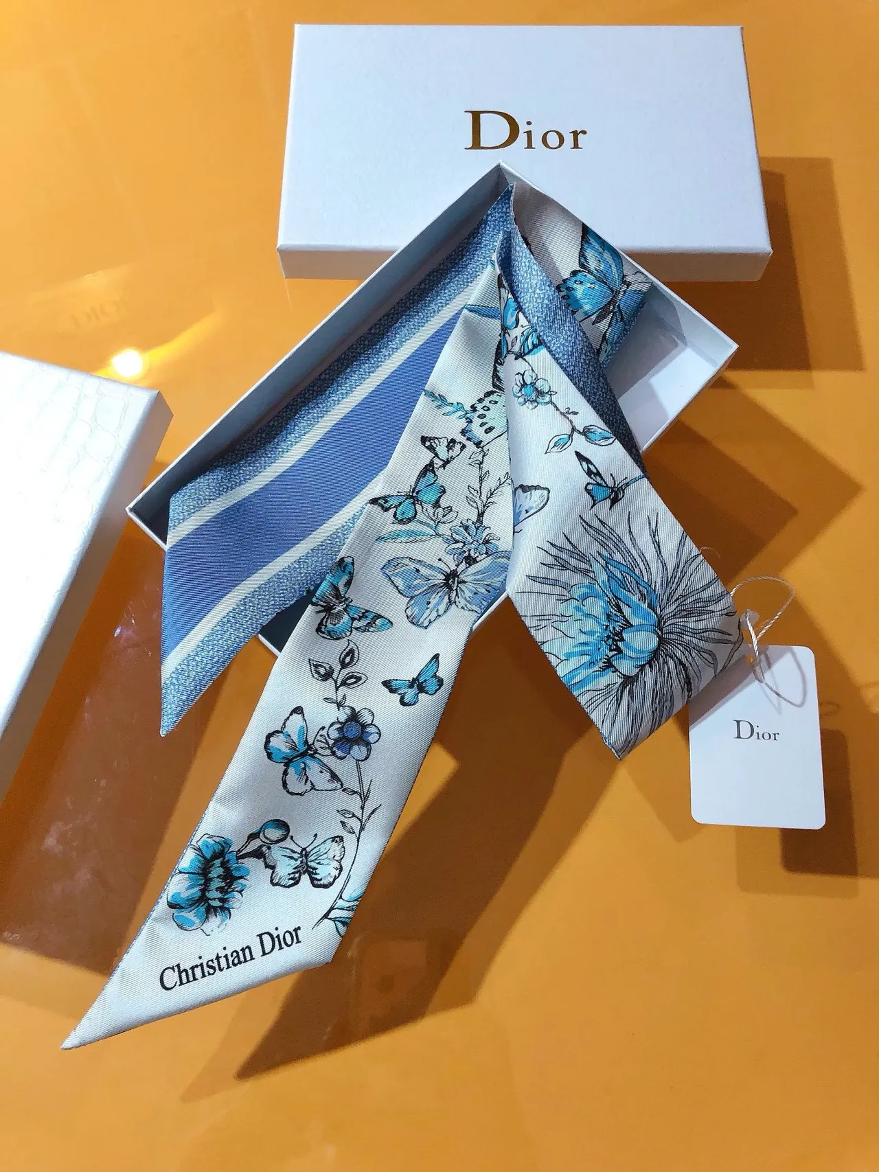 Dior Mitzaḥ écharpe de soie blanche bleue étroite aux extrémités tapered 7