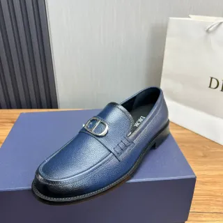 Dior Navy Black Pebbled Leather CD Buckle Strap Loafer