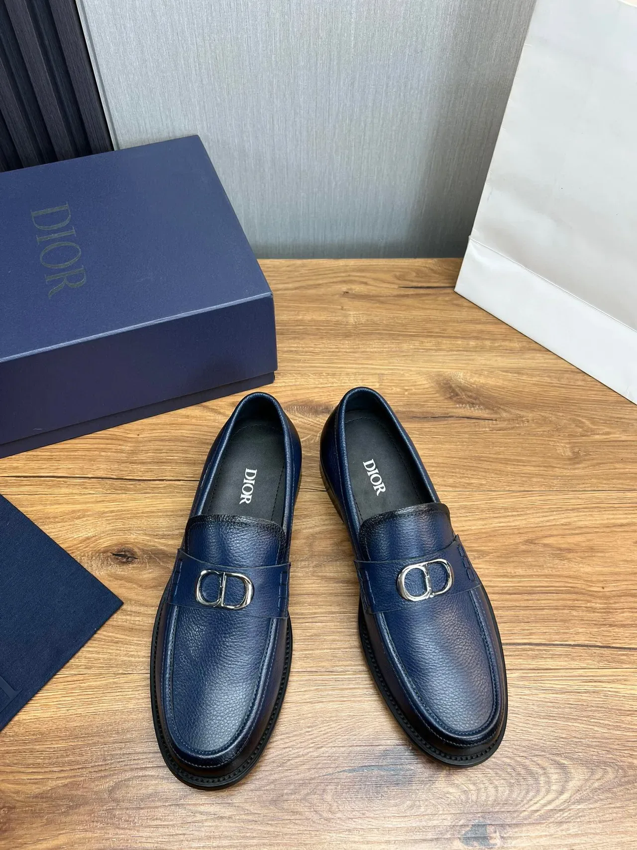 Dior Navy Black Pebbled Leather CD Buckle Strap Loafer 2