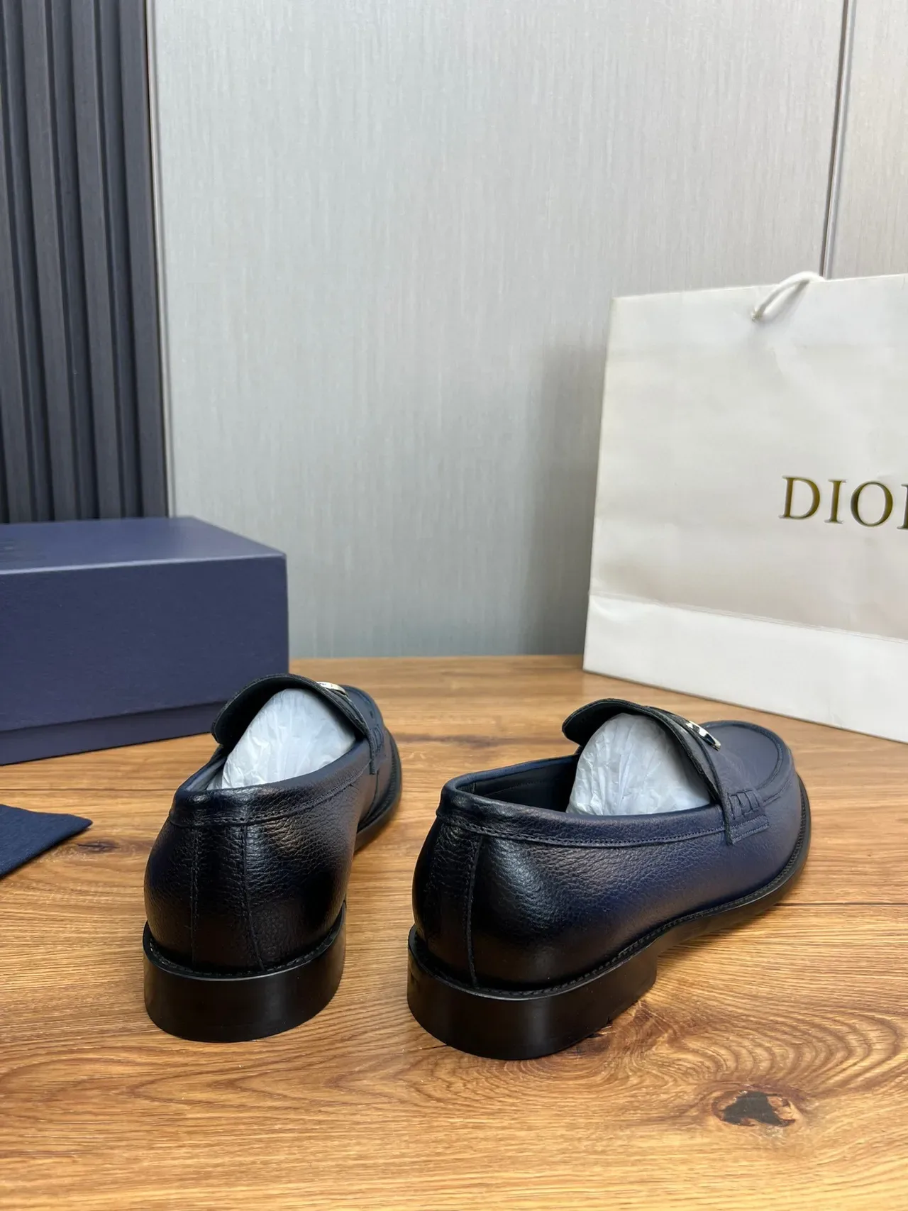 Dior Navy Black Pebbled Leather CD Buckle Strap Loafer 5