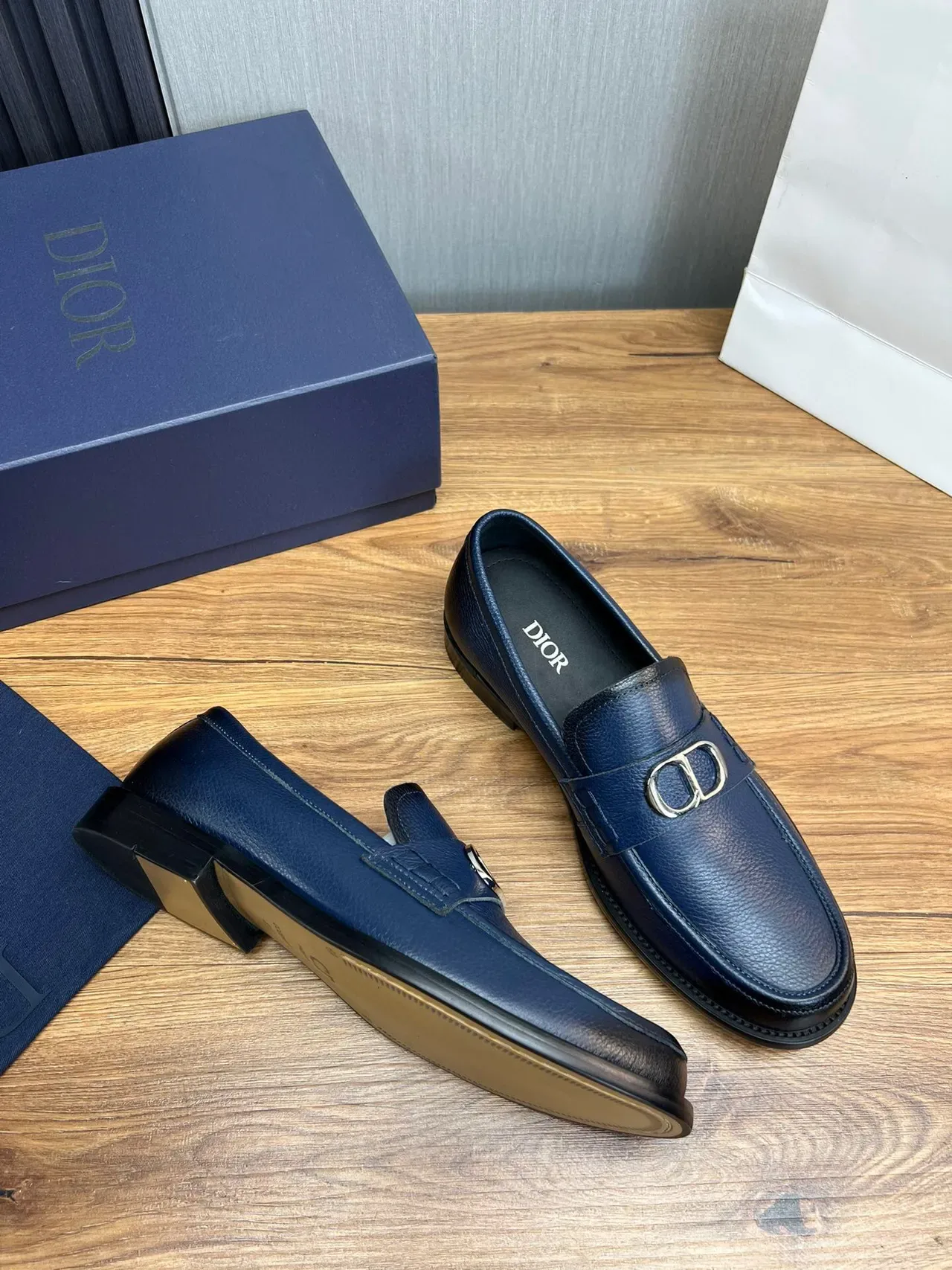 Dior Navy Black Pebbled Leather CD Buckle Strap Loafer 6