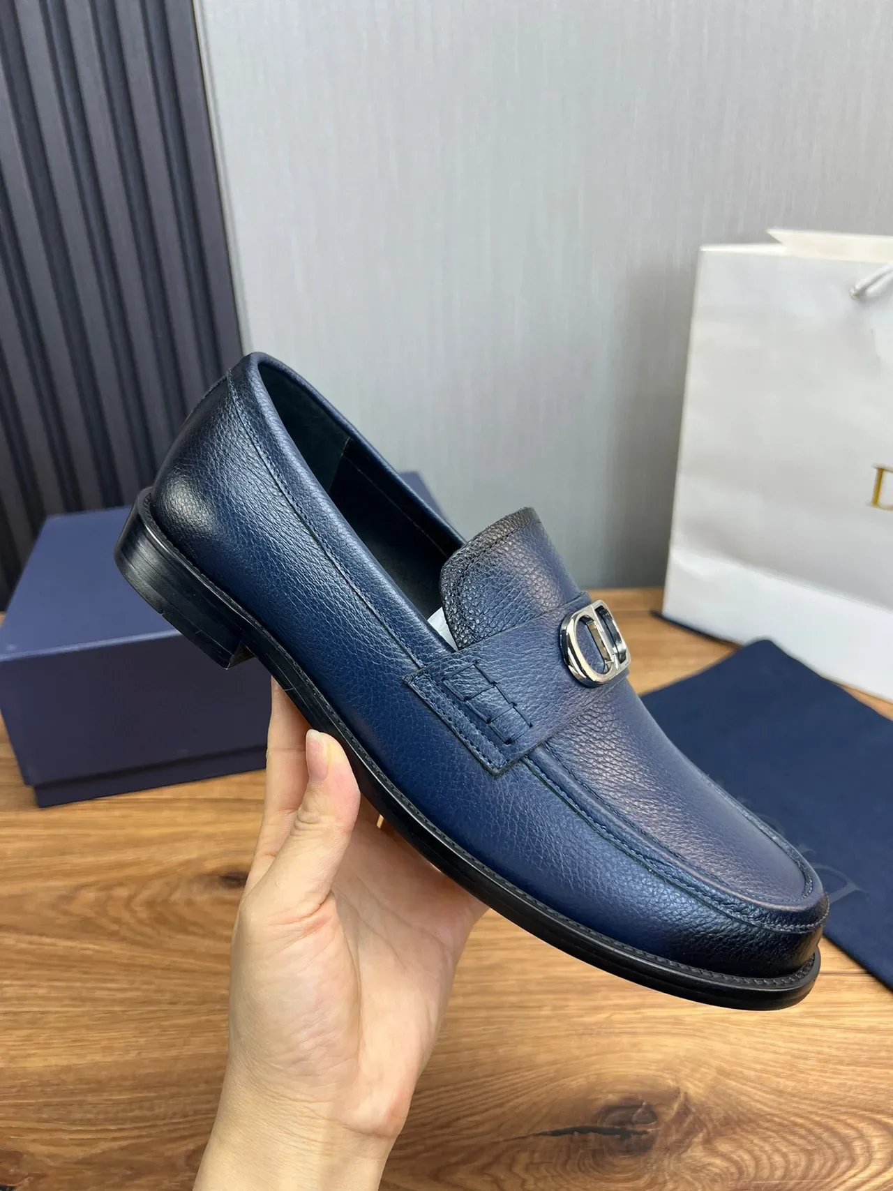 Dior Navy Black Pebbled Leather CD Buckle Strap Loafer 7