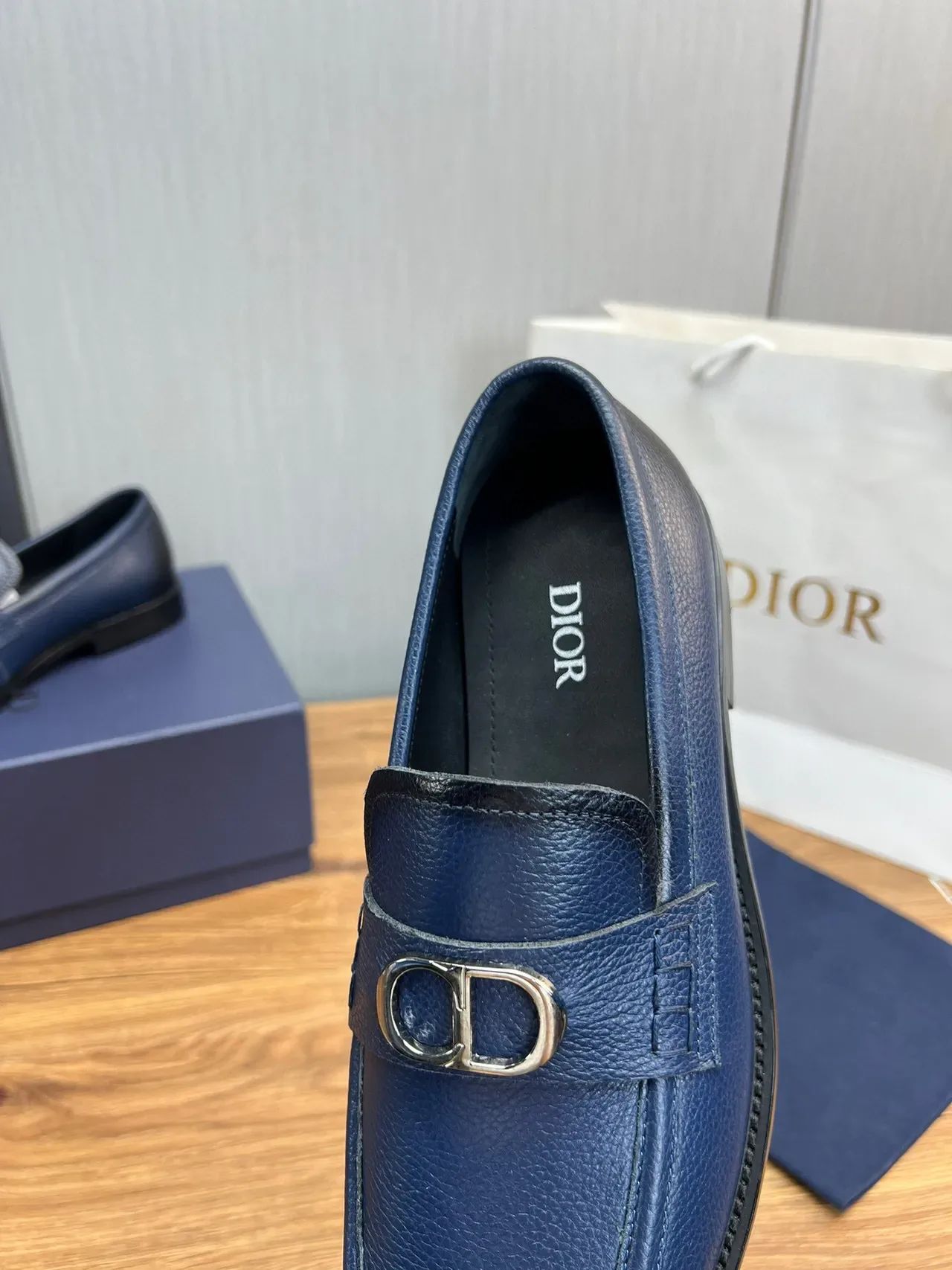 Dior Navy Black Pebbled Leather CD Buckle Strap Loafer 8