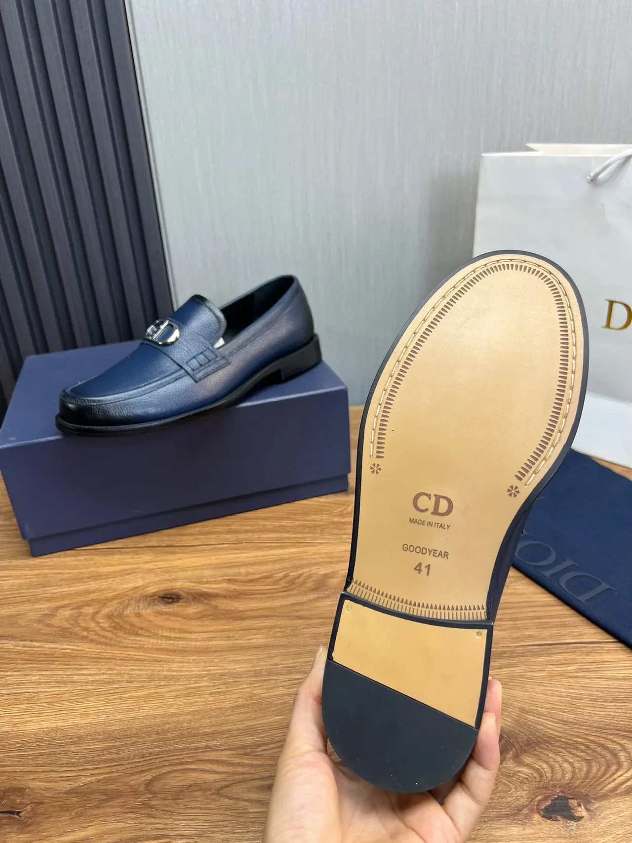 Dior Navy Black Pebbled Leather CD Buckle Strap Loafer 9