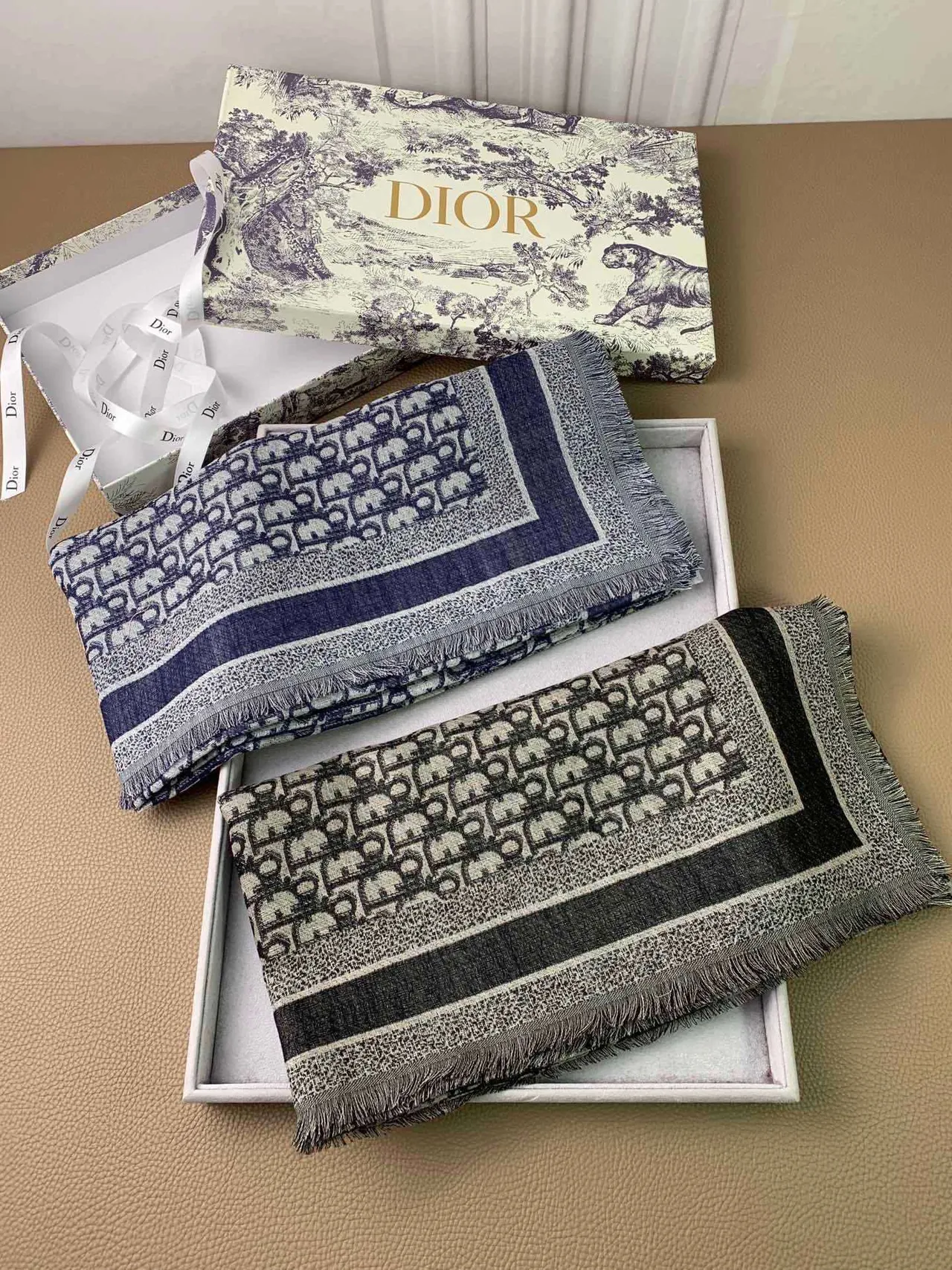 Dior Oblique Monogram Navy and Gray Cashmere Scarf 3