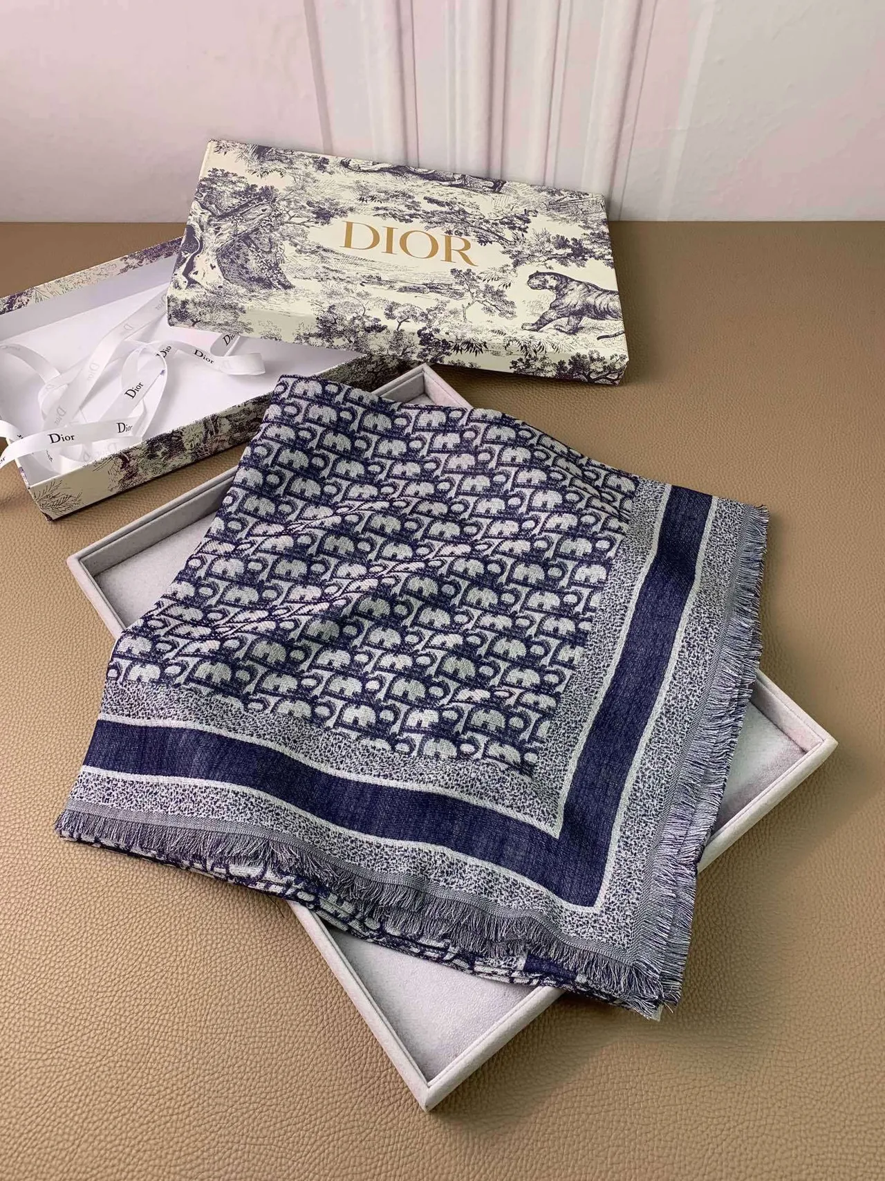 Dior Oblique Monogram Navy and Gray Cashmere Scarf 4
