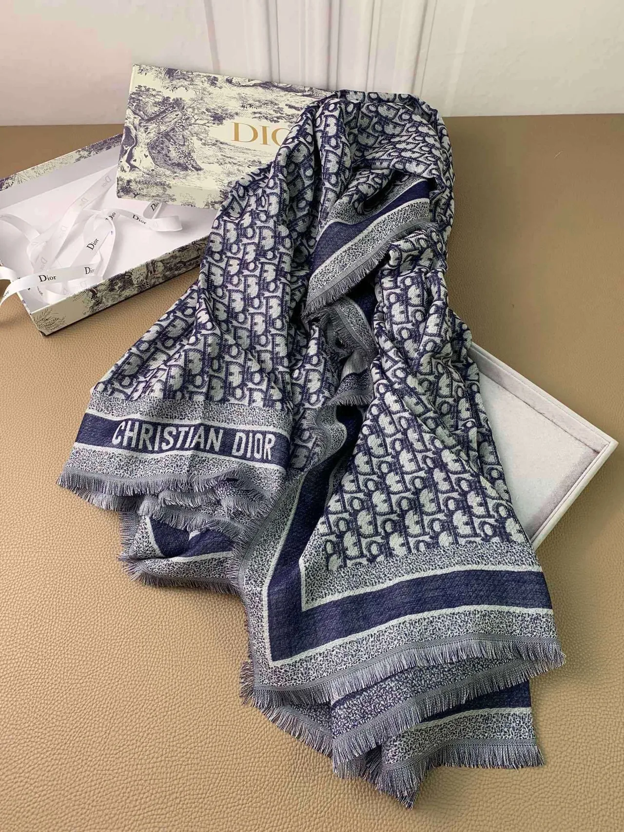 Dior Oblique Monogram Navy and Gray Cashmere Scarf 7