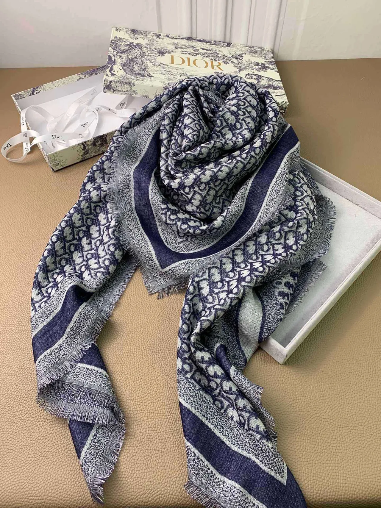 Dior Oblique Monogram Navy and Gray Cashmere Scarf 9