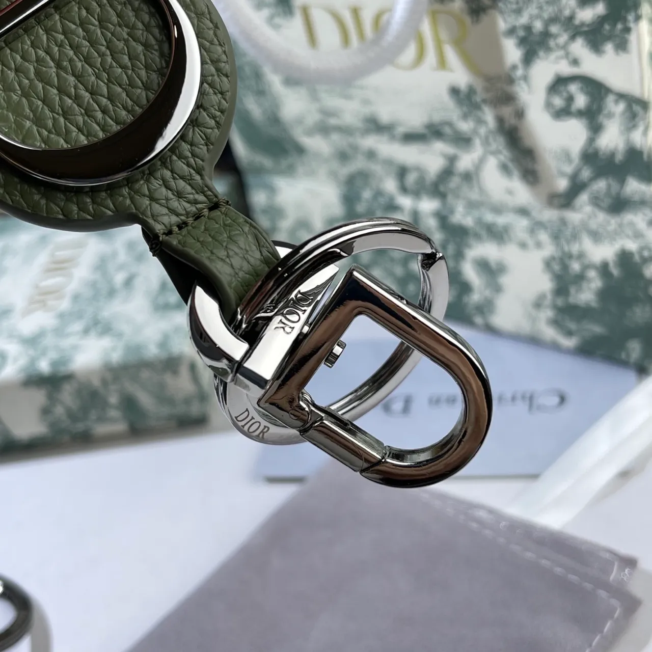 Dior Oval Leather Keychain Green Black Textured Tote Bag 9