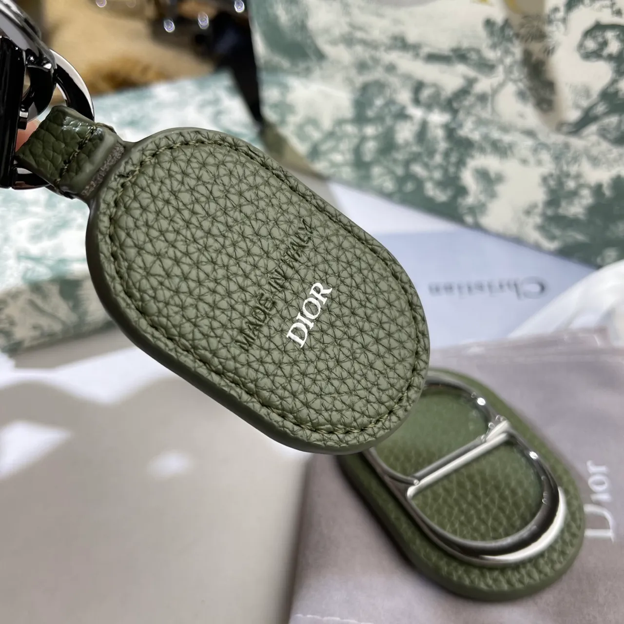 Dior Oval Leather Keychain Green Black Textured Tote Bag 10