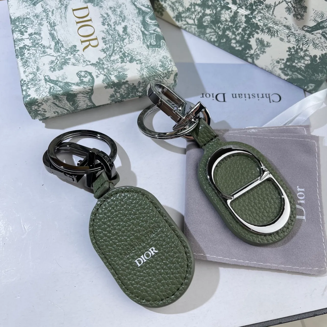 Dior Oval Leather Keychain Green Black Textured Tote Bag 11