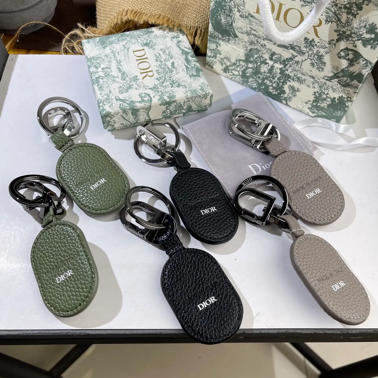 Dior Oval Leather Keychain Green Black Textured Tote Bag 12