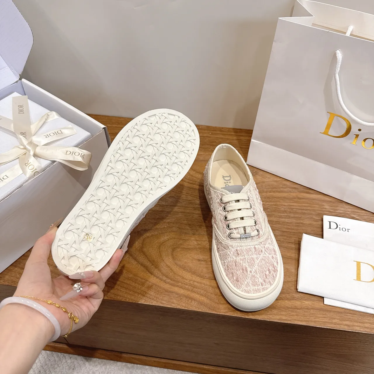 Dior Pink Beige Textured Woven Upper Low-Top Lace-Up Lifestyle Sneakers 2