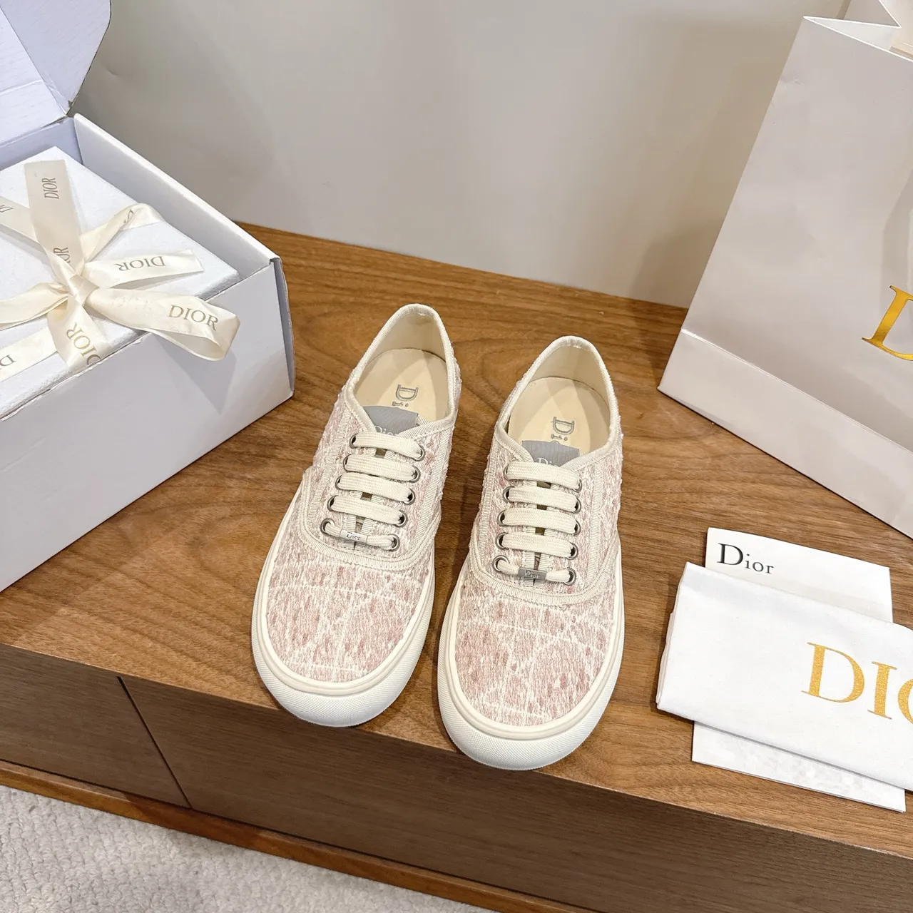 Dior Pink Beige Textured Woven Upper Low-Top Lace-Up Lifestyle Sneakers 5