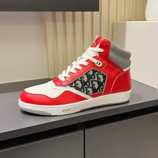 Dior Red White High-Top Leather-and-Monogram Lifestyle Sneakers