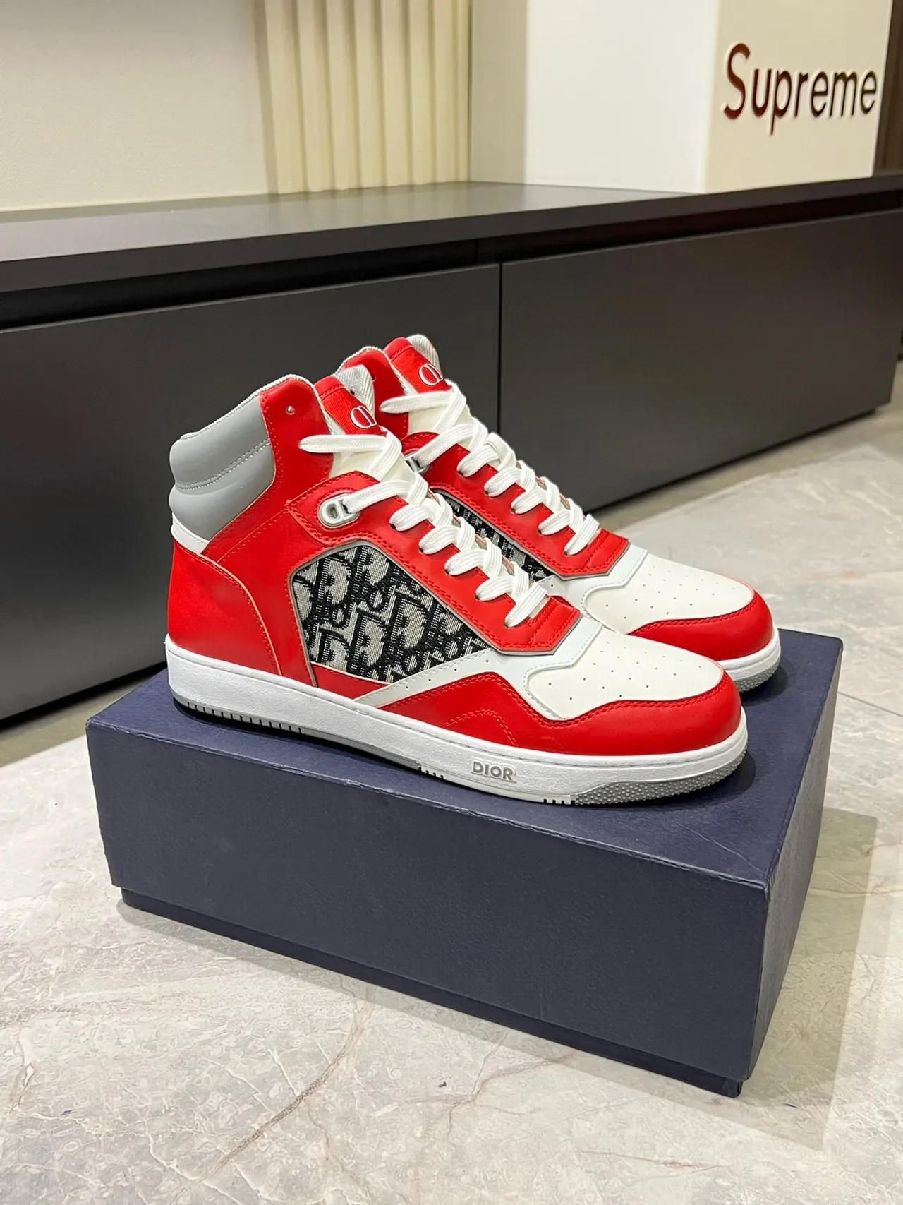Dior Red White High-Top Leather-and-Monogram Lifestyle Sneakers 2