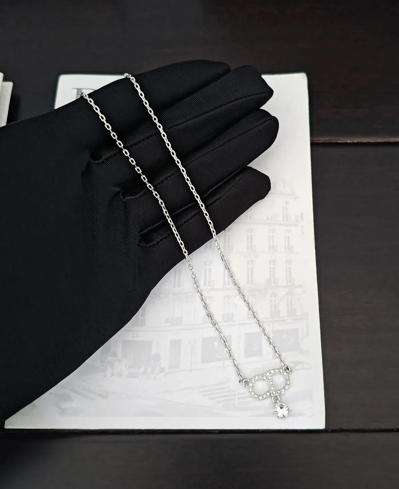 Dior Silver Crystal D-Motif Pendant Necklace 4